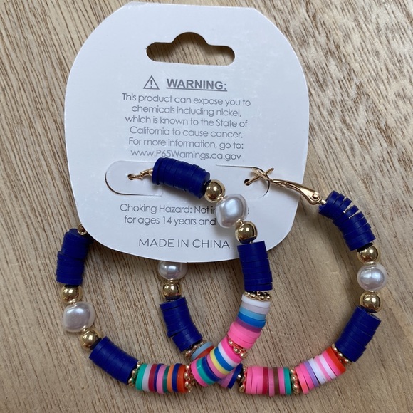 🎉HP🎉 Superstar Accessories Disc & Pearl Hoop Earrings 💗 Blue Gold Multi - Picture 4 of 8